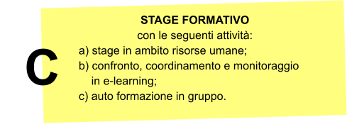 STAGE FORMATIVO con le seguenti attivit: a) stage in ambito risorse umane;b) confronto, coordinamento e monitoraggio      in e-learning;c) auto formazione in gruppo. C