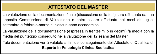 ATTESTATO DEL MASTER La valutazione della documentazione finale (discussione della tesi) sar effettuata da una apposita Commissione di Valutazione e potr essere effettuata nei mesi di: luglio-settembre e febbraio-marzo di ciascun anno accademico.  La valutazione della documentazione (espressa in trentesimi o in decimi) fa media con la media del punteggio conseguito nella valutazione dei 12 esami del Master.  Tale documentazione verr valutata ai fini del conseguimento dellAttestato di Qualifica di Esperto in Psicologia Clinica Scolastica