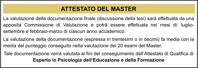 ATTESTATO DEL MASTER La valutazione della documentazione finale (discussione della tesi) sar effettuata da una apposita Commissione di Valutazione e potr essere effettuata nei mesi di: luglio-settembre e febbraio-marzo di ciascun anno accademico.  La valutazione della documentazione (espressa in trentesimi o in decimi) fa media con la media del punteggio conseguito nella valutazione dei 20 esami del Master.  Tale documentazione verr valutata ai fini del conseguimento dellAttestato di Qualifica di Esperto in Psicologia dellEducazione e della Formazione